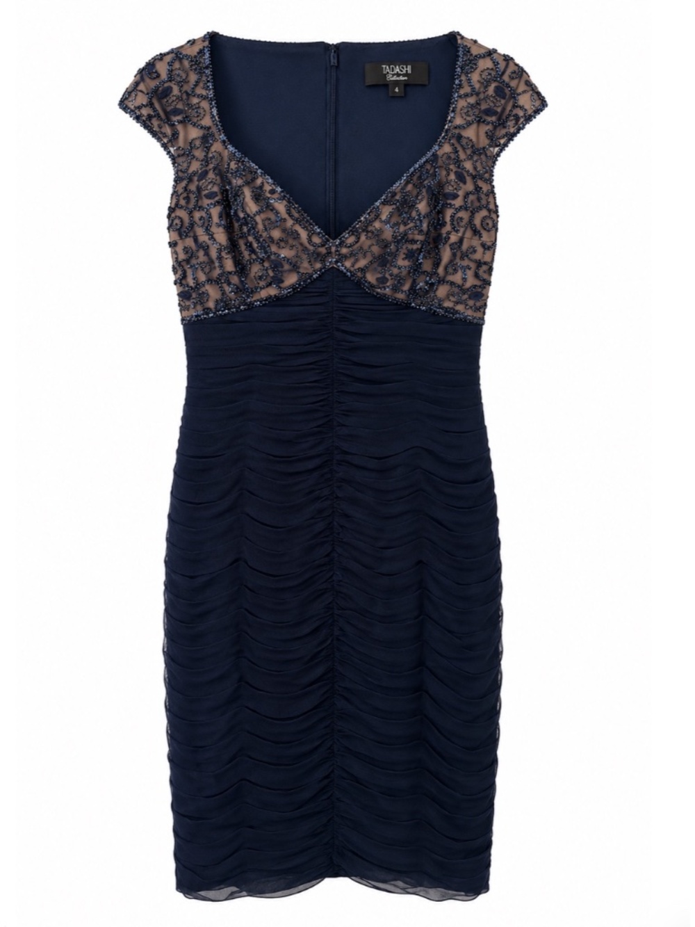 Tadashi Collection Ruched Sequin Beaded Cocktail Dress Navy Blue Women’s Size 4